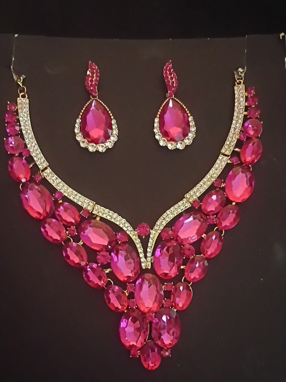 Gold-Accent Fuchsia Crystal Statement Necklace & Earring Set
